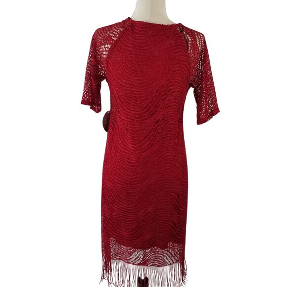 Emma & Michelle Red Lace Overlay Fringe Hem Dress NEW Size Small - Picture 2 of 5